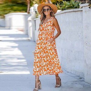 CUPSHE FLORAL TANGERINE RUFFLED SLEEVELESS MIDI DRESS L Large - NEW NWT Target!